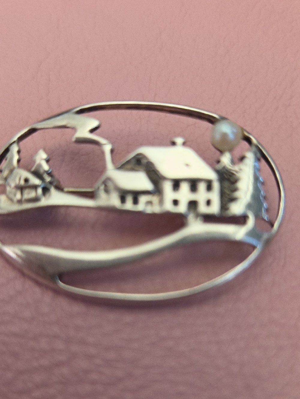 Silver Cottage Scene Brooch with Pearl Accent